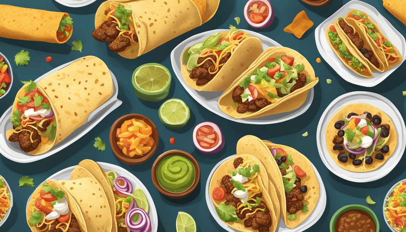 A table with a spread of tacos and burritos, showcasing their different textures and flavors through the variety of fillings and toppings