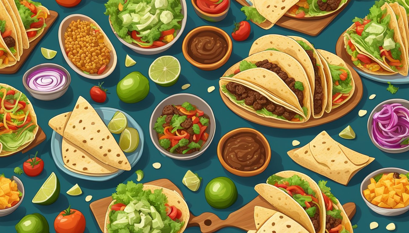 A table with a colorful spread of tacos and burritos, surrounded by fresh vegetables and various toppings