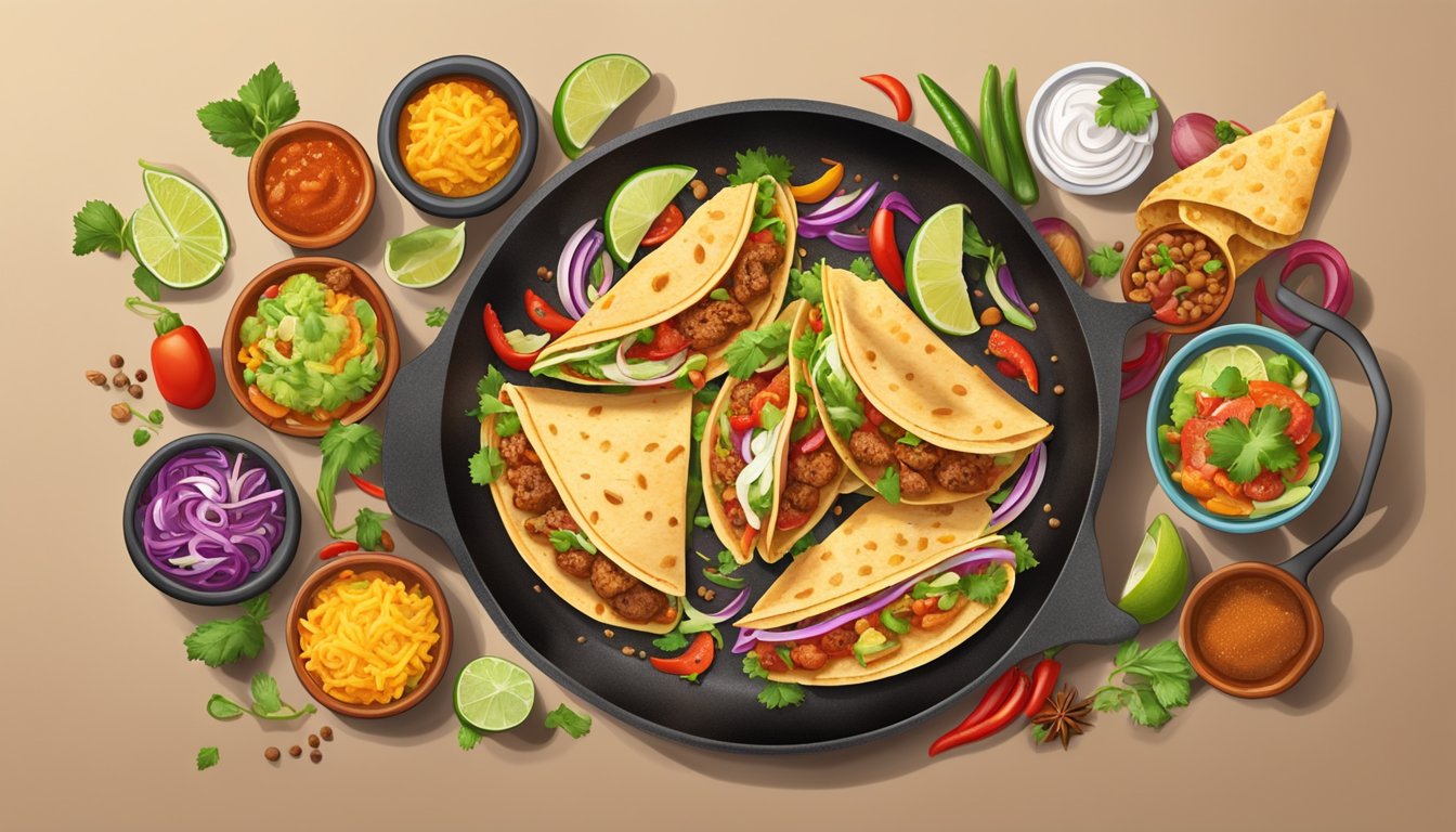 A sizzling skillet of tacos and burritos, surrounded by colorful ingredients and spices, creating a mouthwatering culinary experience