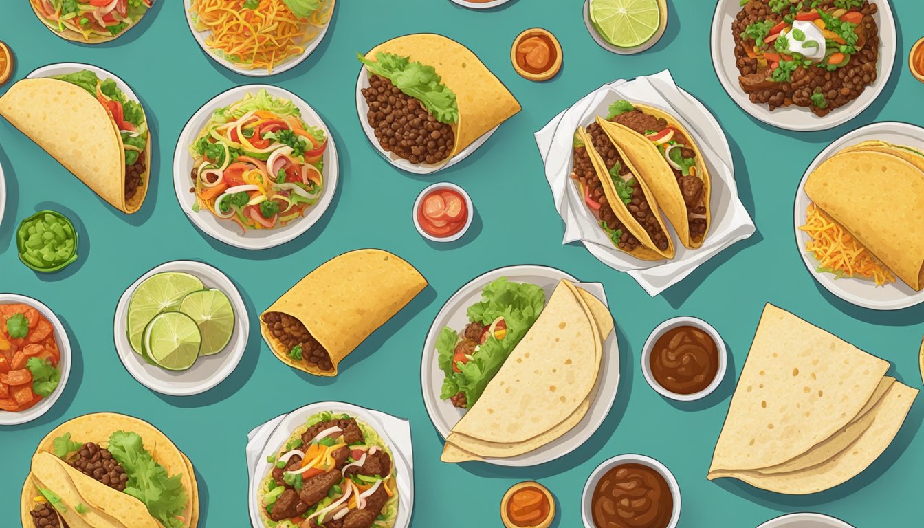 A table with a variety of tacos and burritos arranged side by side for comparison