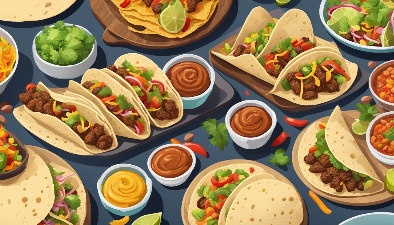 A table with a variety of tacos and burritos, surrounded by colorful ingredients and condiments