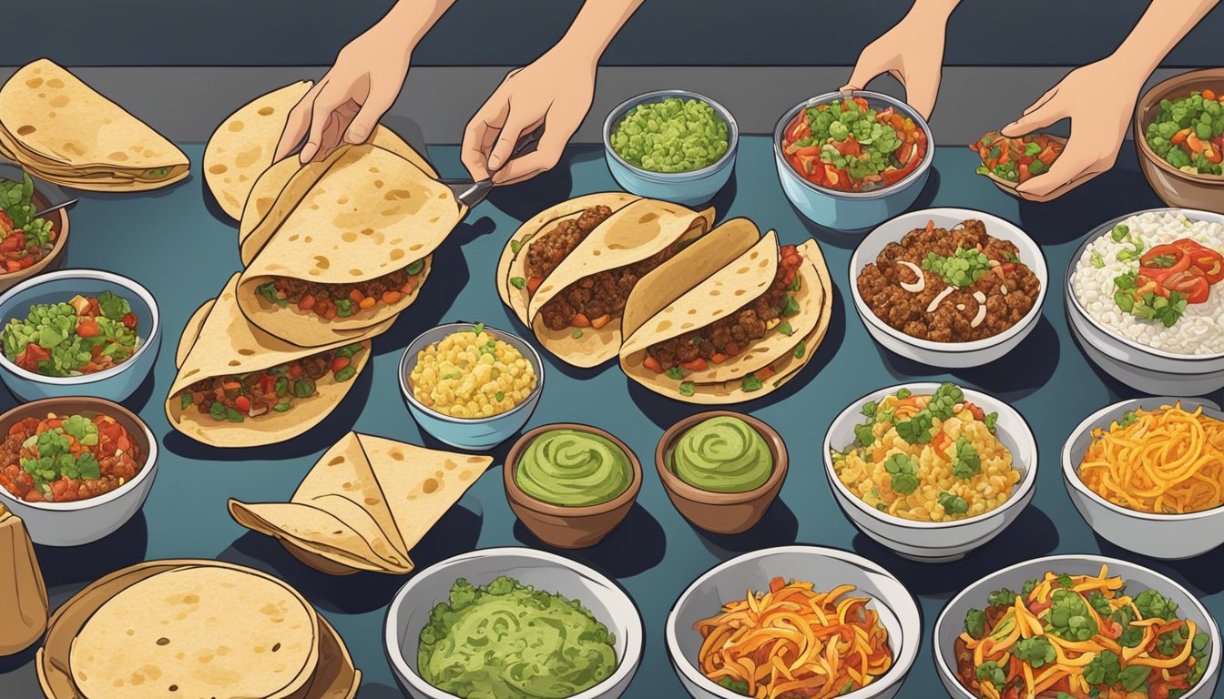 Freshly grilled tortillas lined up, surrounded by bowls of vibrant fillings and toppings. A chef's hand carefully assembling a taco with precision and artistry