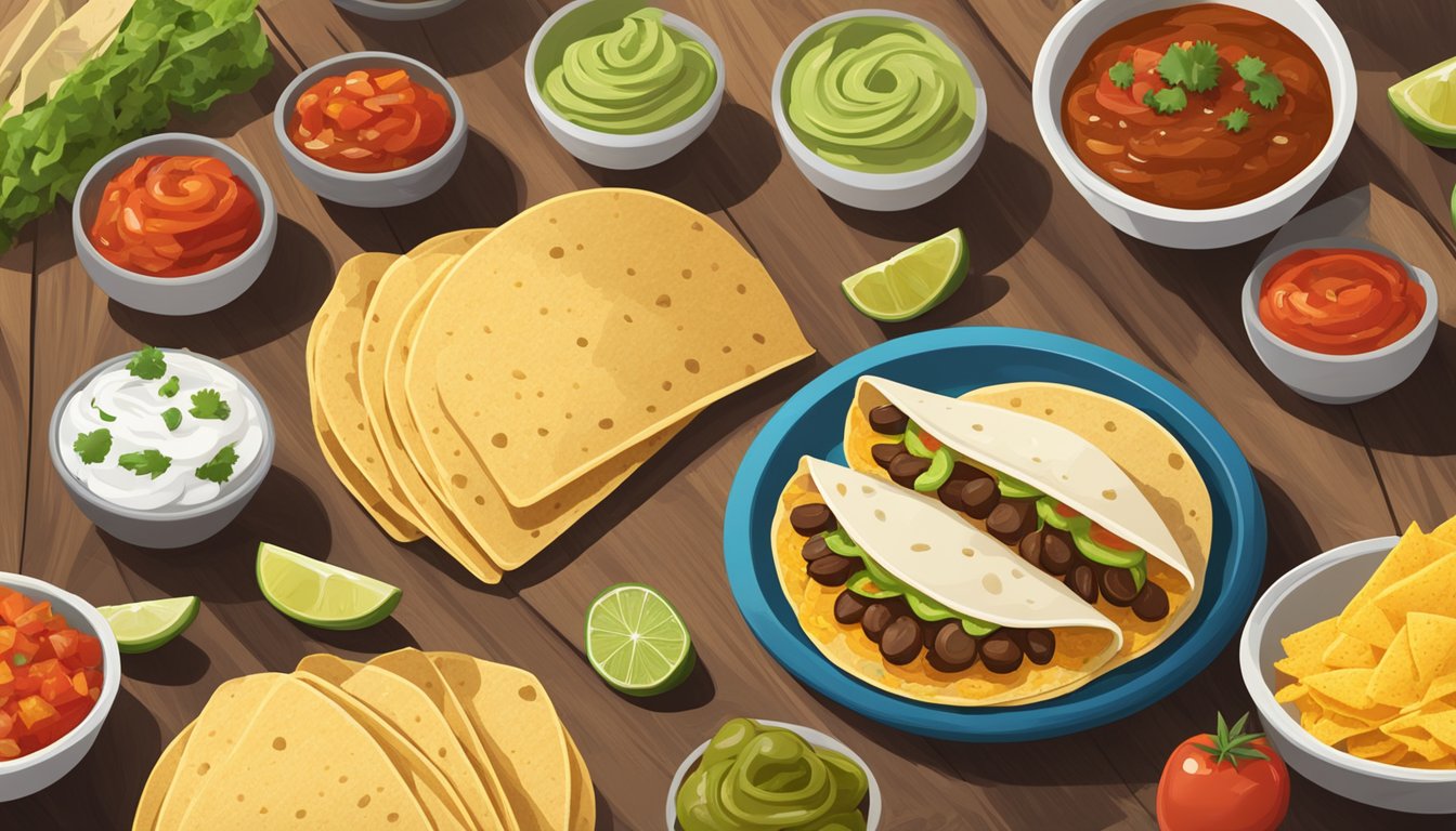 A colorful spread of taco ingredients on a wooden table, with salsa, guacamole, and sour cream in small bowls. A stack of warm tortillas sits nearby