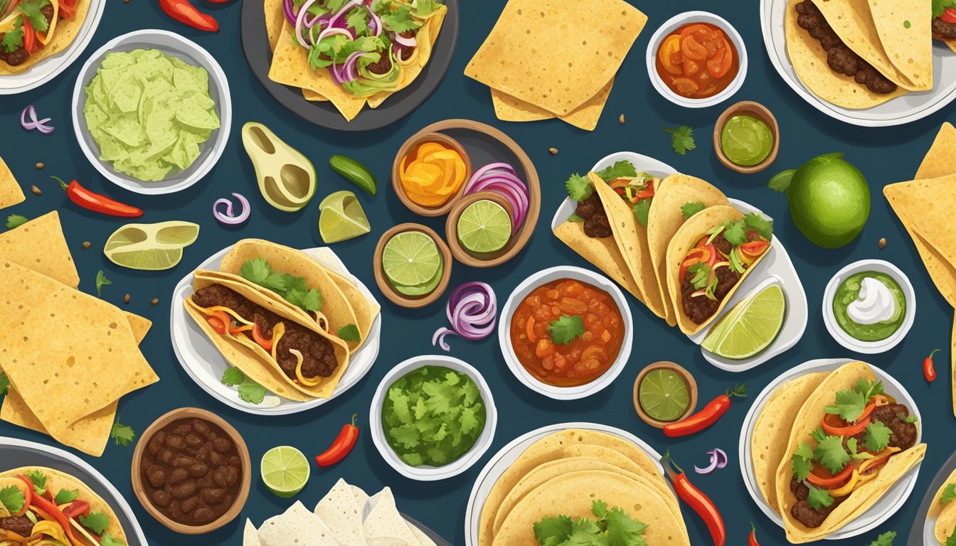 A table spread with a variety of tacos and chalupas, with ingredients and spices scattered around