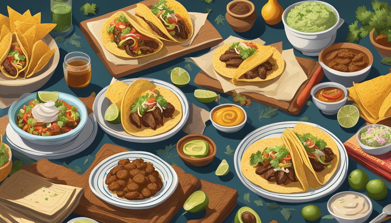 A table spread with a variety of tacos and chalupas, surrounded by historical books and cooking ingredients