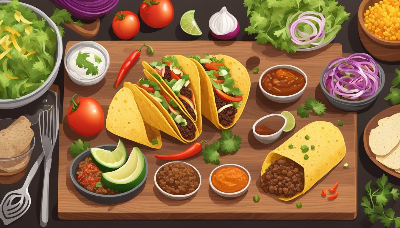 A spread of taco and chalupa ingredients arranged on a wooden cutting board, with vibrant vegetables, sizzling meat, and various spices