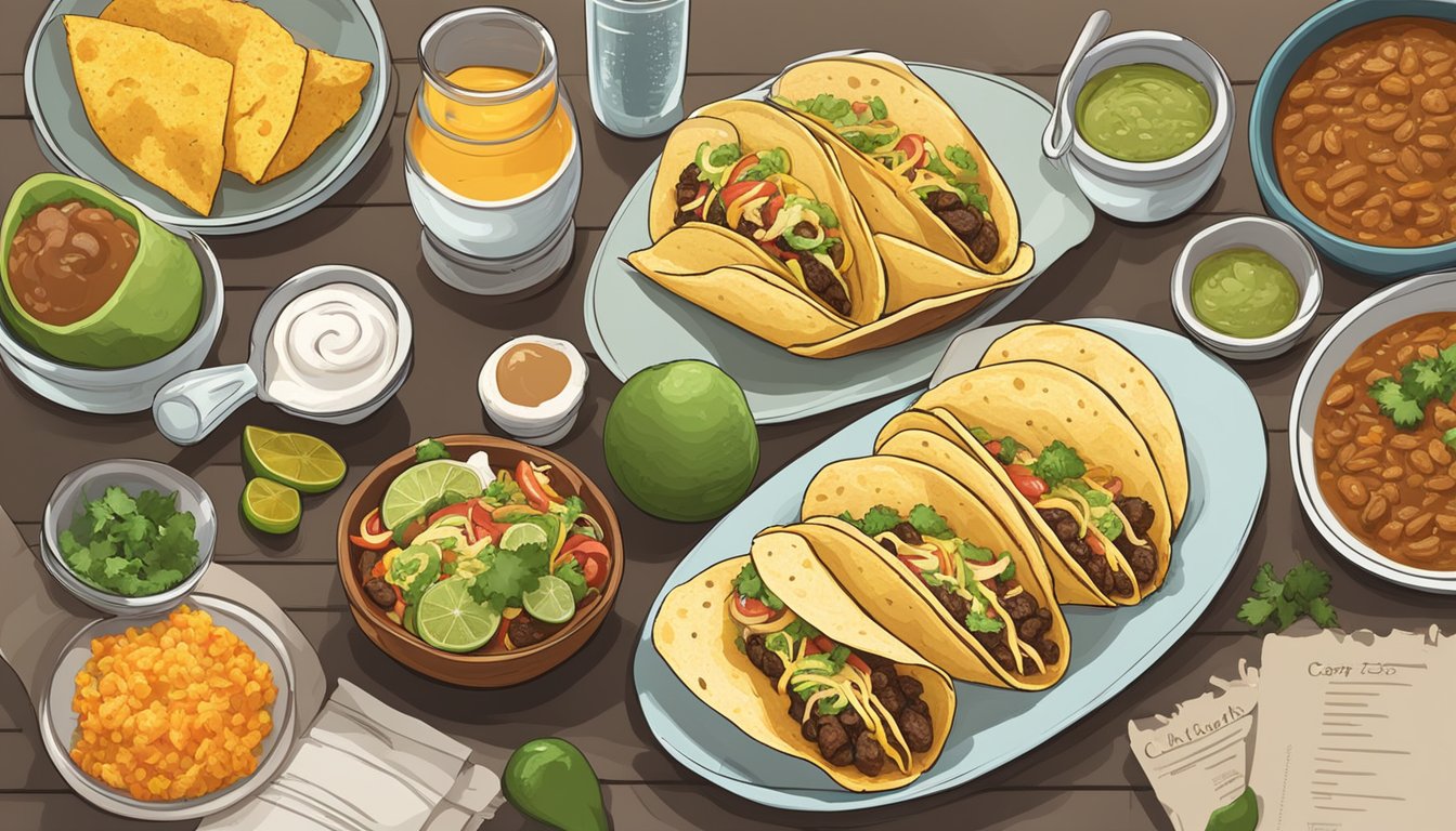 A table with tacos and chalupas alongside their respective nutritional information labels, surrounded by various ingredients and cooking utensils for making copycat recipes