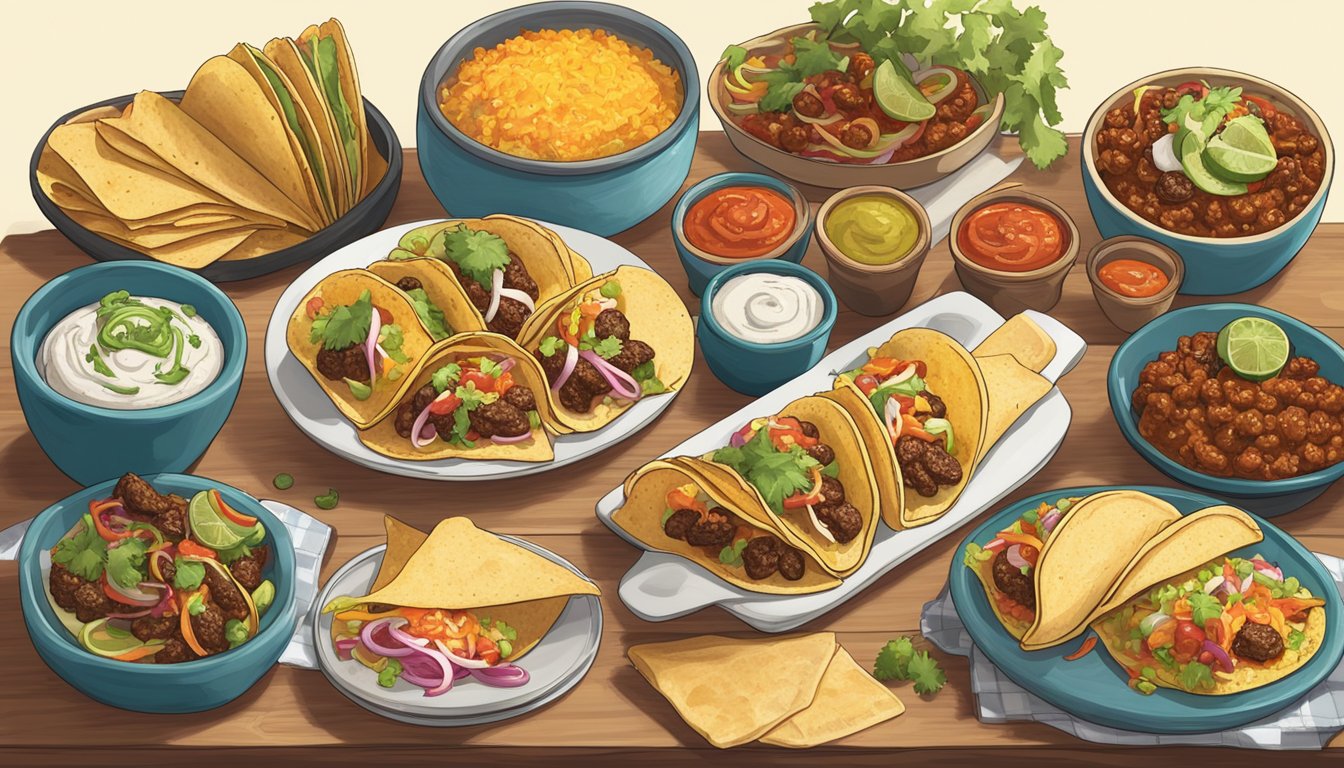 A colorful spread of tacos and chalupas with various toppings and sauces, alongside a collection of cookbooks and recipe cards