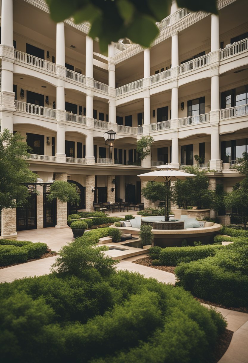 A grand luxury hotel nestled among the rolling hills of Waco, Texas, surrounded by lush greenery and a tranquil atmosphere