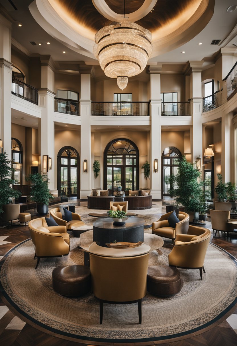 A grand luxury hotel in Waco, Texas with a lavish lobby, opulent furnishings, and picturesque views of the surrounding landscape