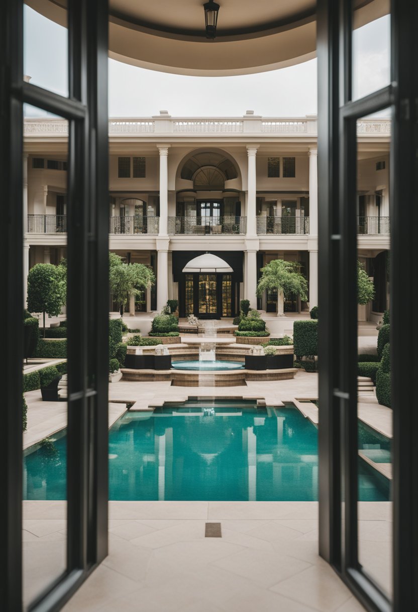 A grand luxury hotel nestled among lush greenery near Waco, Texas, with a sparkling pool and elegant architecture