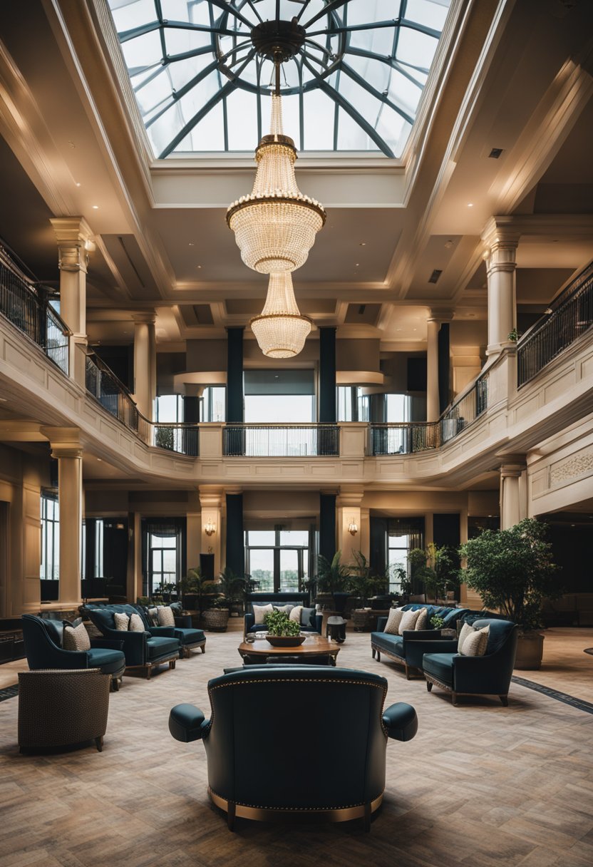 A grand luxury hotel in Waco, Texas, with a lavish lobby, opulent furnishings, and stunning views of the surrounding landscape