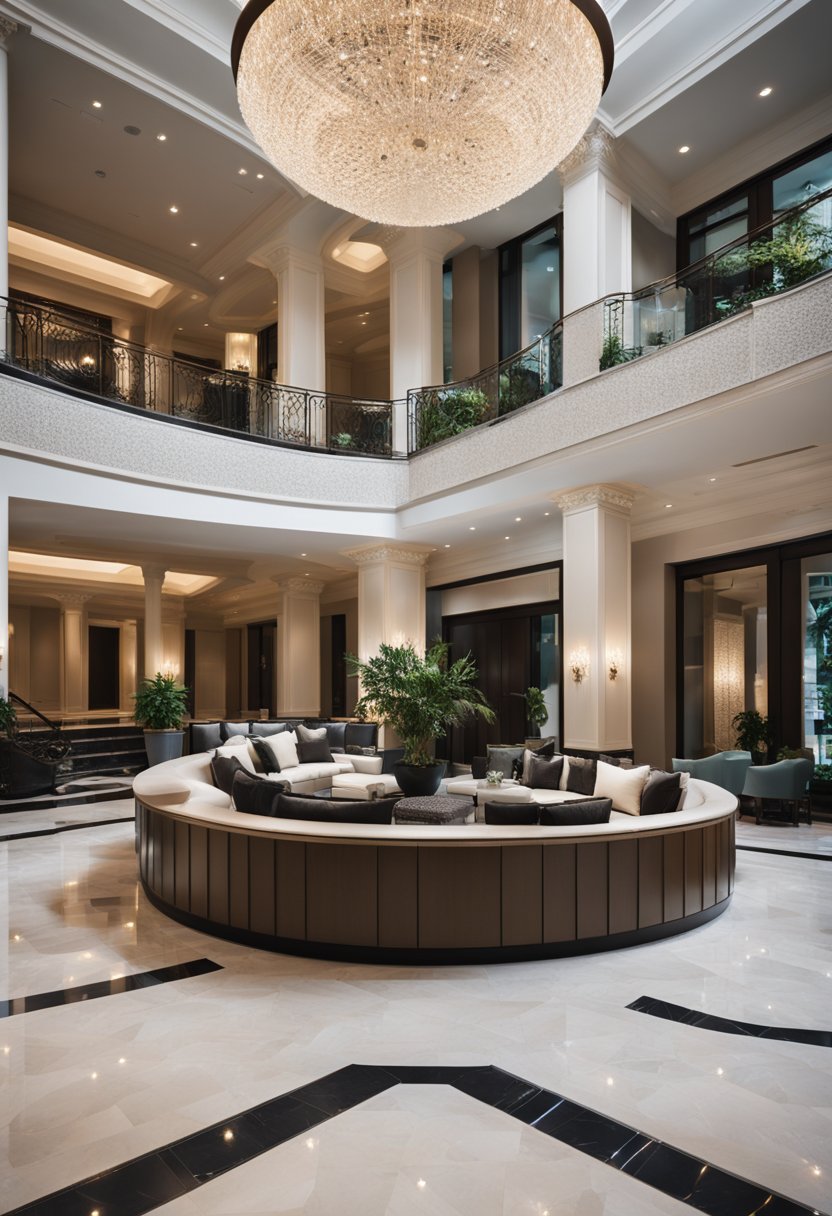 A grand lobby with chandeliers and marble floors, a concierge desk, and plush seating. Outside, a landscaped courtyard with a pool and lounge chairs