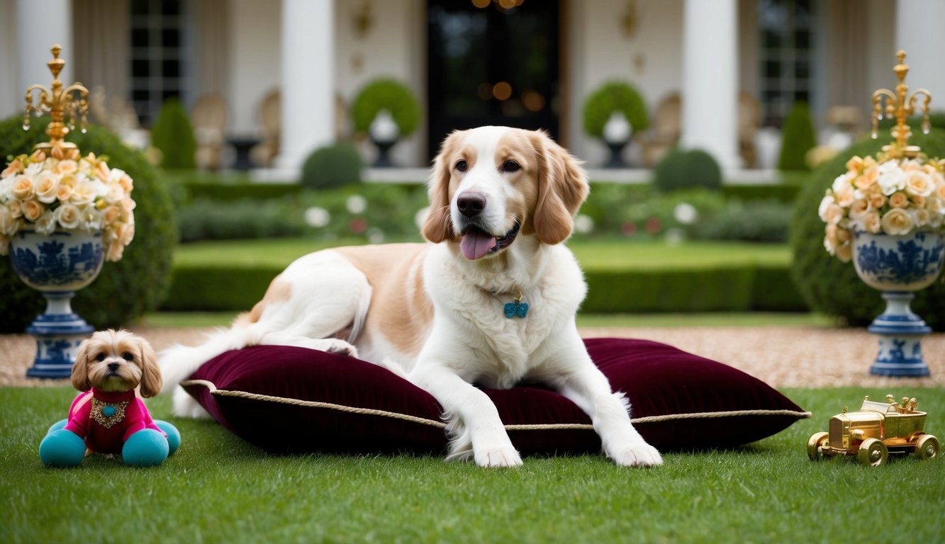 Um jardim de mansão luxuosa com um cachorro de raça pura mimado descansando em uma almofada de veludo, cercado por uma decoração opulenta e brinquedos caros.