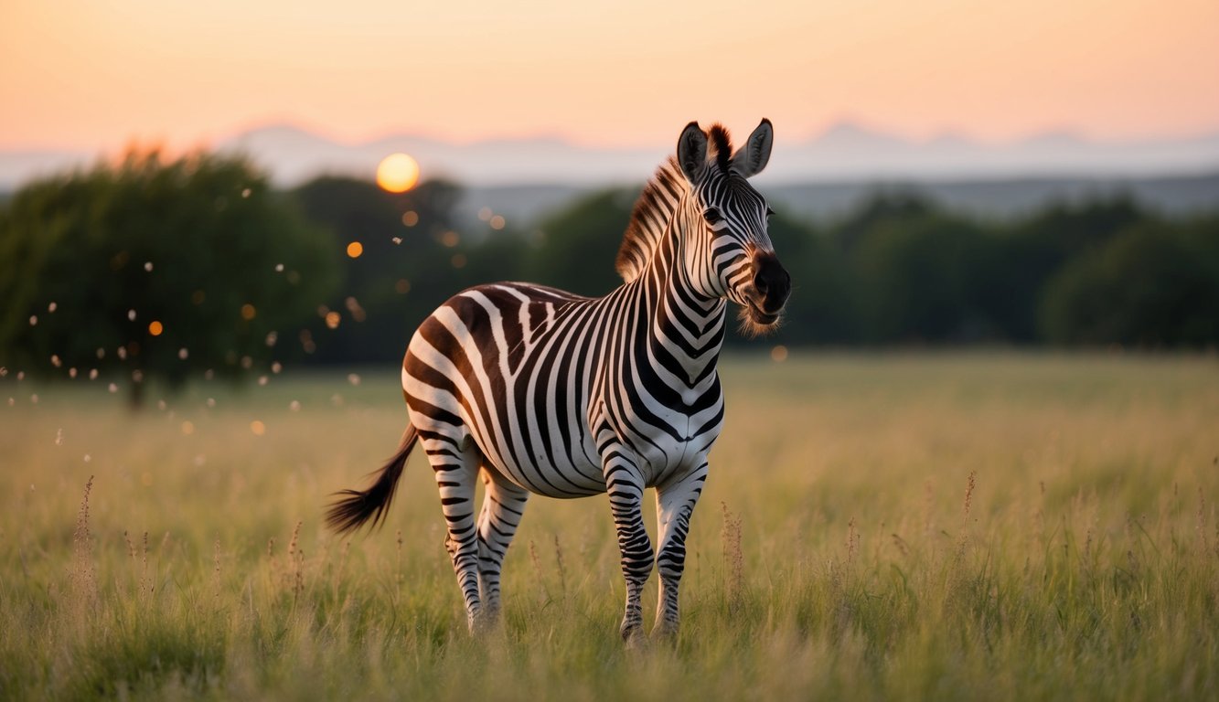 Uma zebra cantando em um prado cheio de zéfiros ao amanhecer