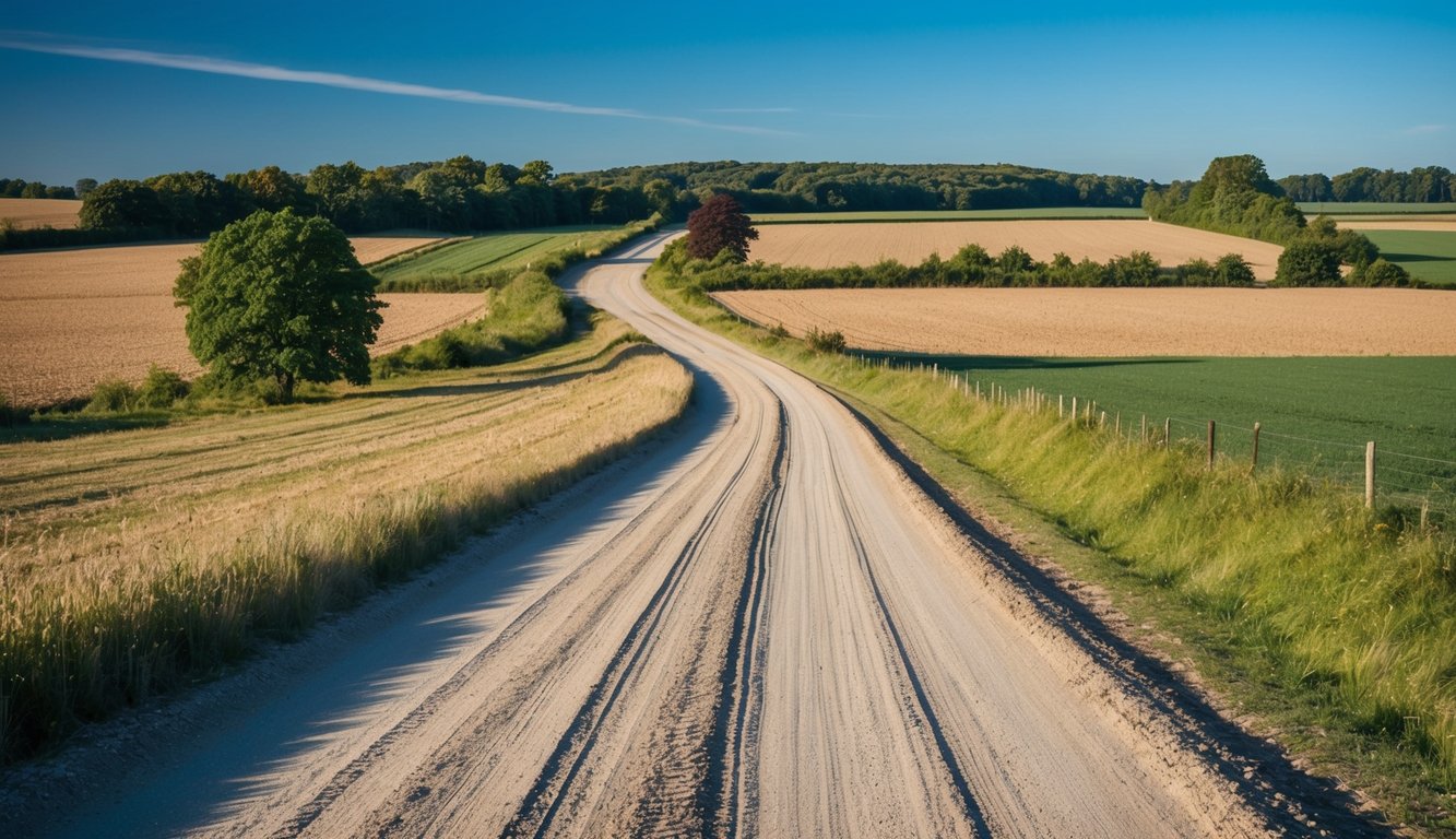 Uma estrada de terra sinuosa através de uma paisagem rural, cercada por campos e árvores, com um céu azul claro acima.