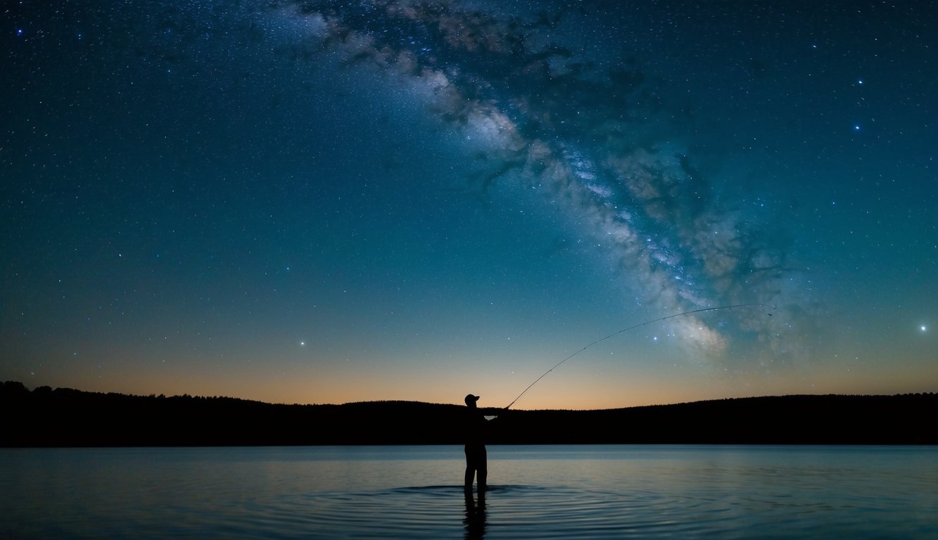 Um lago sereno com uma figura solitária lançando uma linha de pesca sob um céu estrelado.