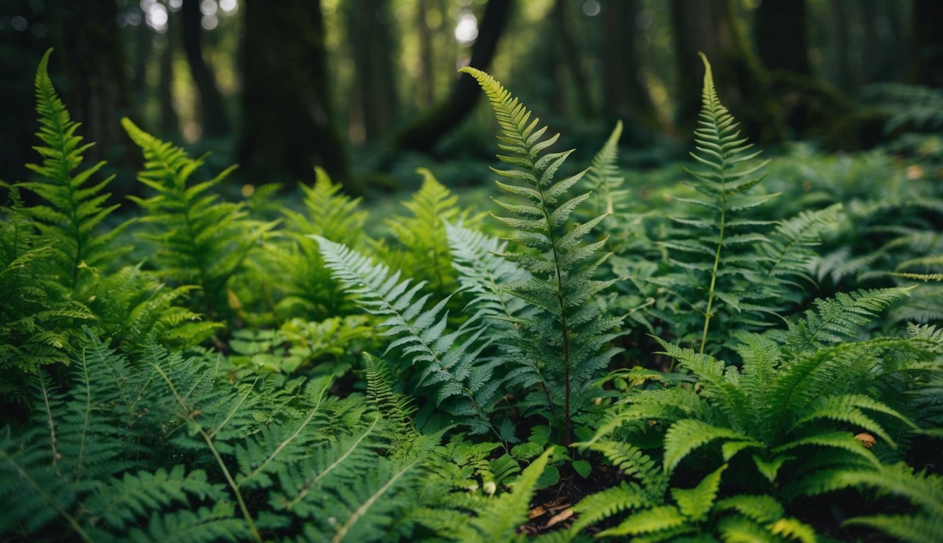 Vários tipos de samambaias crescendo em um solo de floresta exuberante e sombreado. As frondes têm diferentes tonalidades de verde e se espalham em um padrão delicado e intrincado.