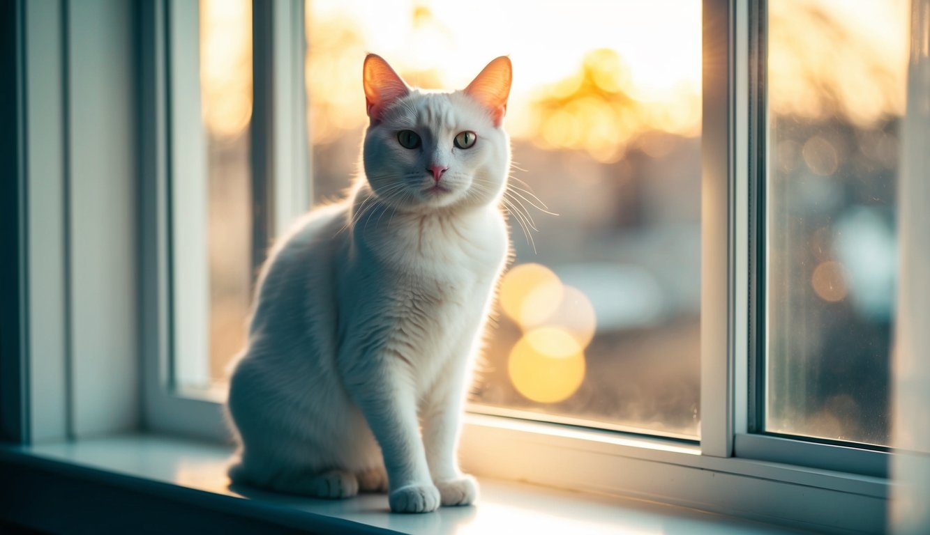 Um gato branco sentado em um parapeito de janela, com a luz do sol entrando e lançando um brilho quente em seu pelo.