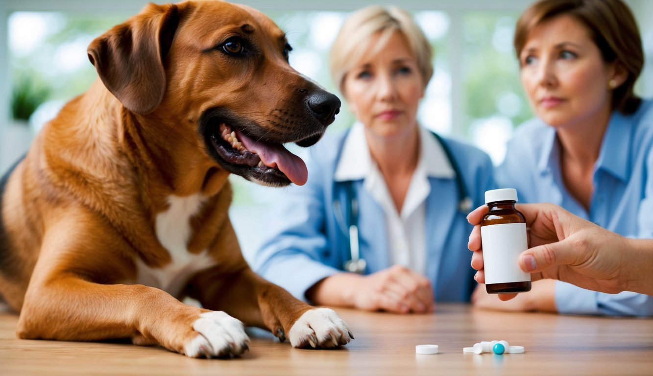 Um cachorro espera ansiosamente enquanto uma mão se estende para pegar uma garrafa de medicamento, com um proprietário preocupado observando ao fundo.