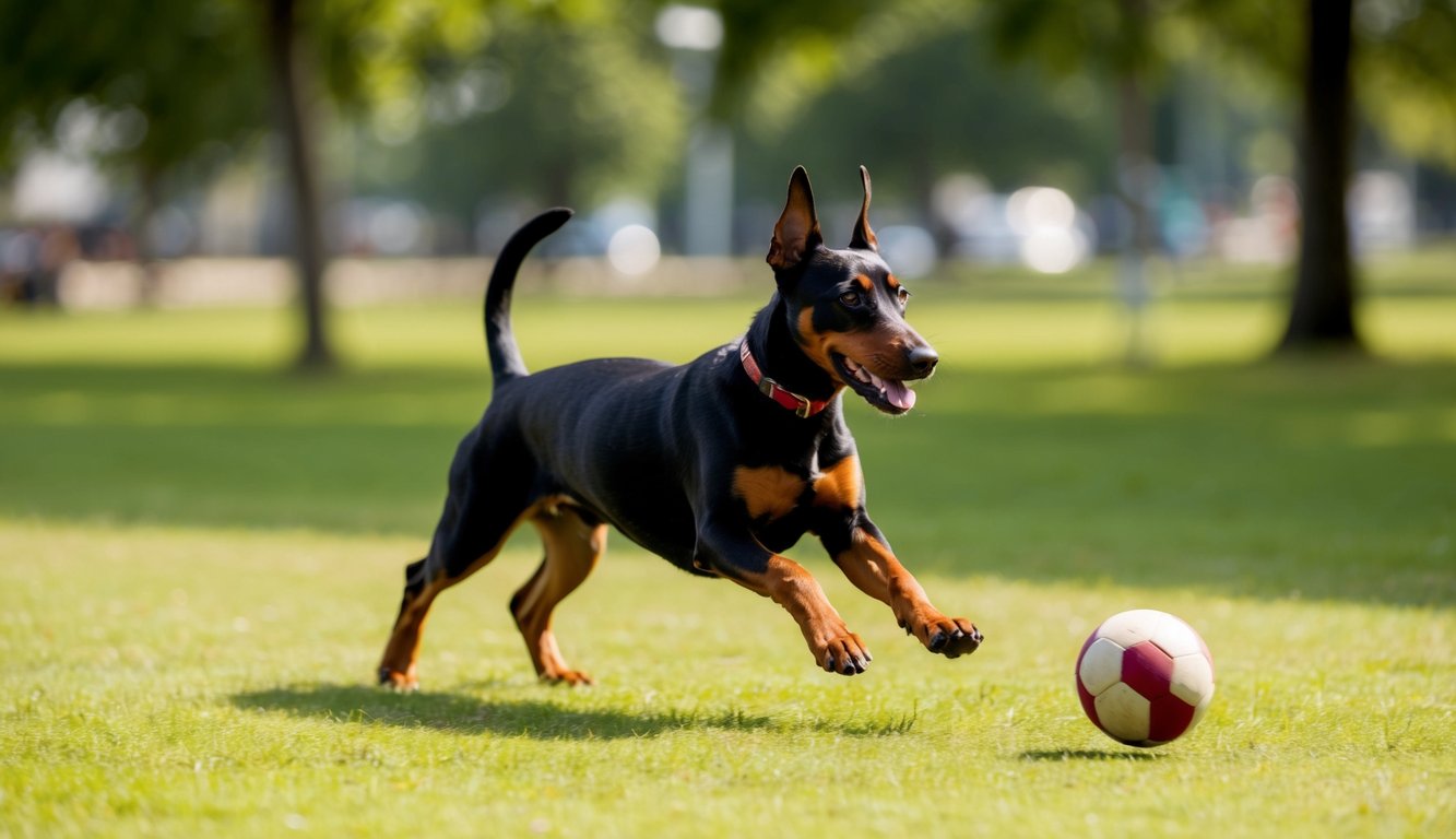 Um cachorro Pinscher brincando em um parque, correndo atrás de uma bola