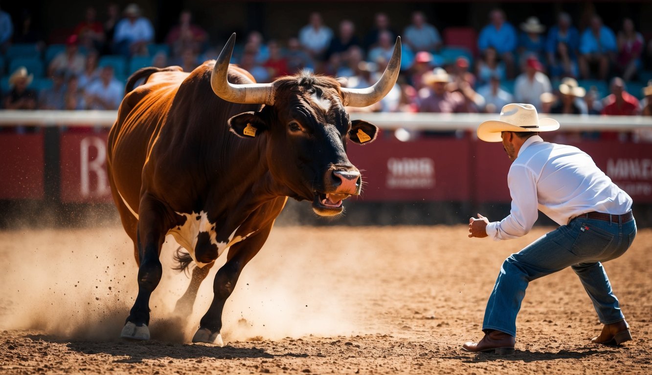 Um touro furioso avançando em direção ao sonhador em uma arena empoeirada