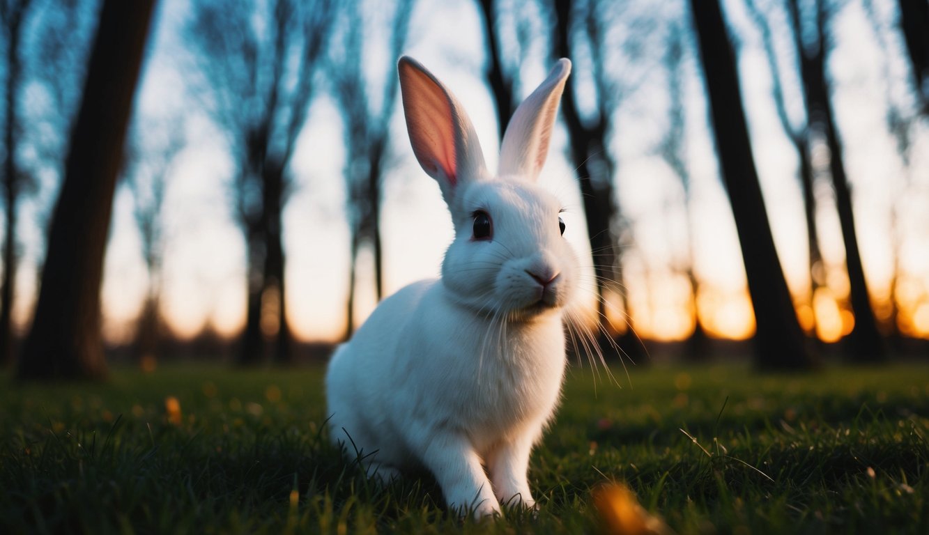 Um coelho branco emergindo de uma clareira mágica na floresta ao anoitecer