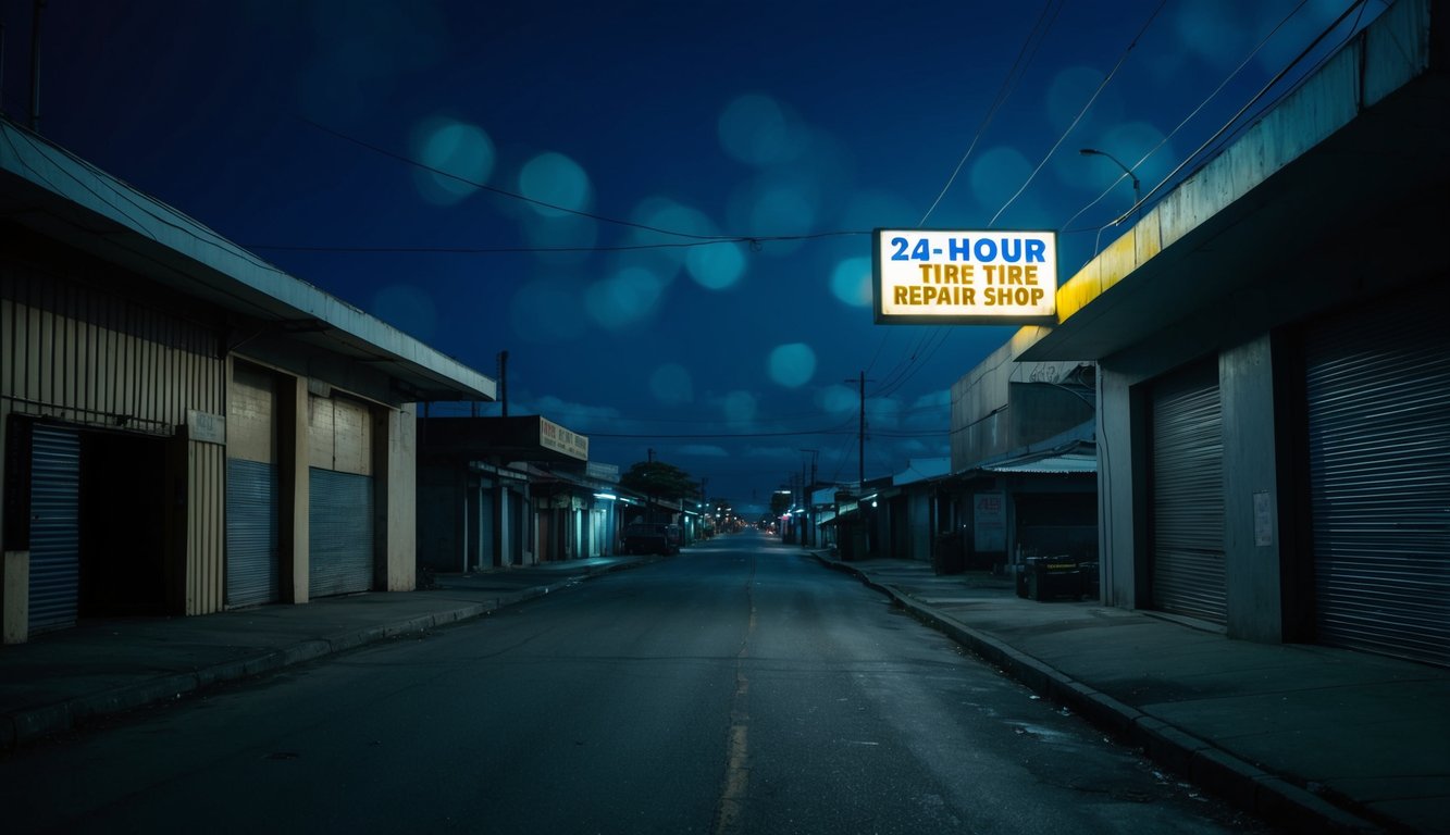 Uma rua escura e vazia em Salvador, com uma placa iluminada de borracharia 24 horas