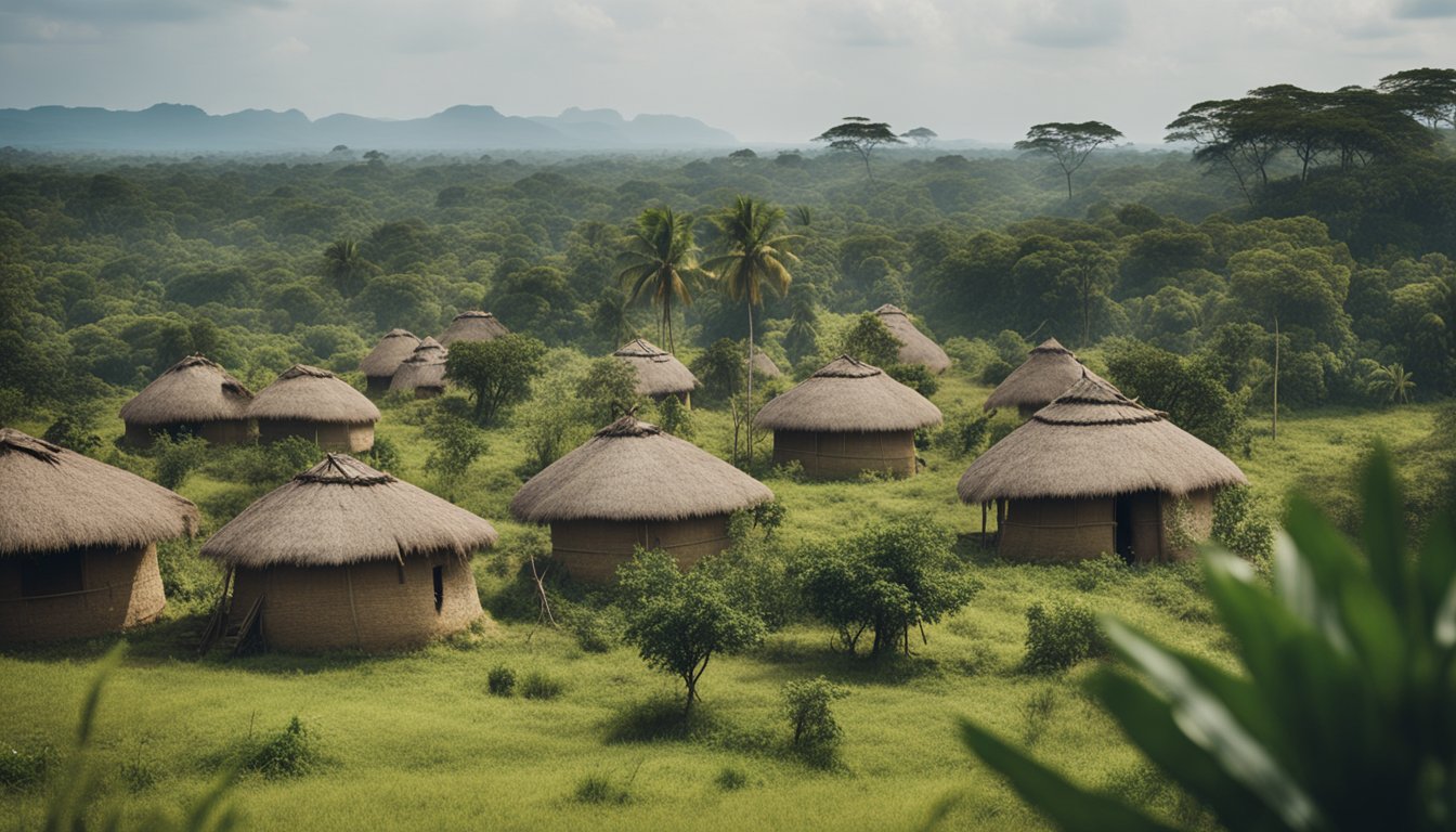 A gathering of traditional dwellings from various Indigenous communities in Africa, the Americas, developing 2nd world, and 3rd world, surrounded by lush vegetation and diverse wildlife