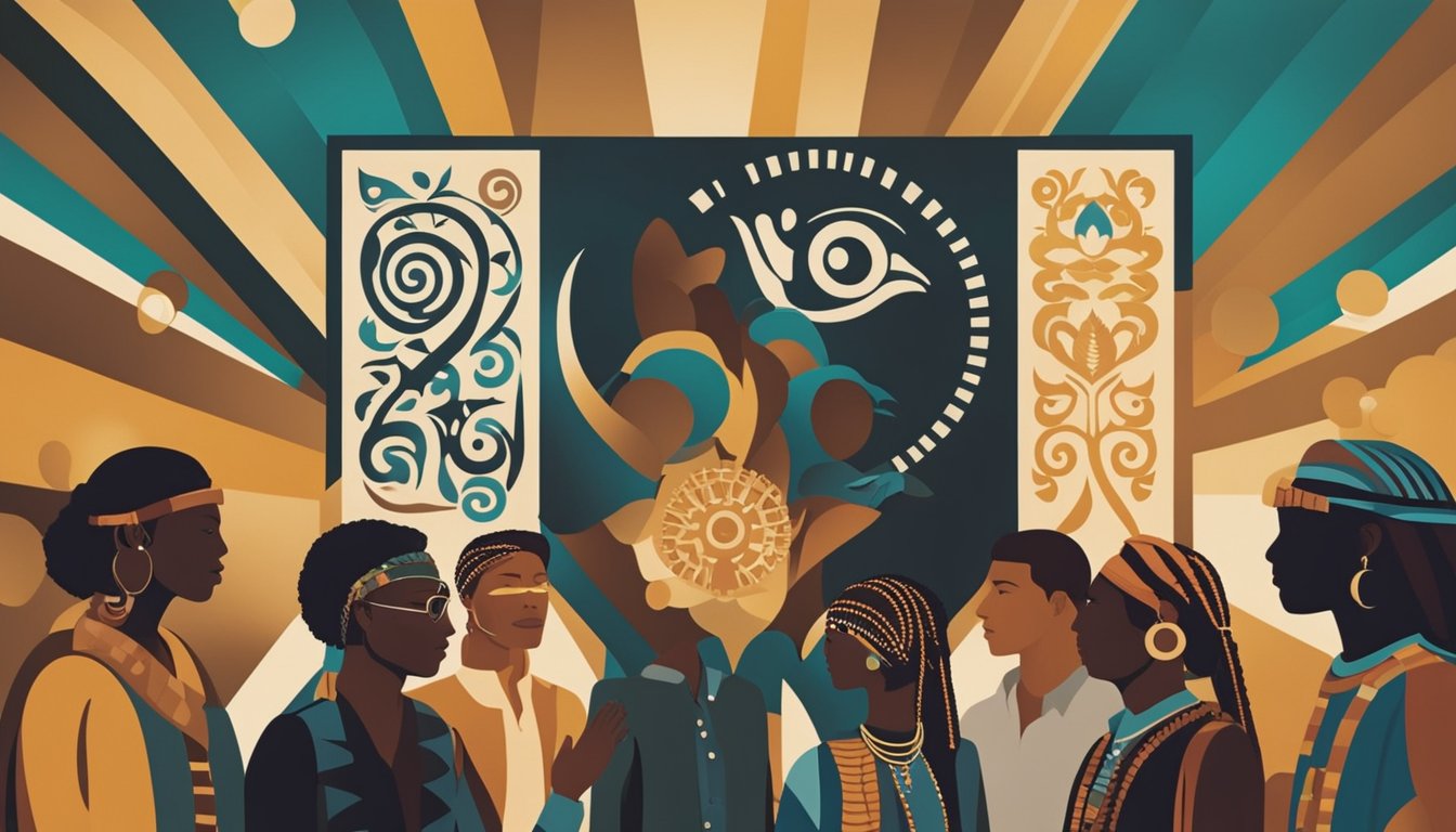 A diverse group of people from various indigenous communities gather around a central symbol, representing the Sankofa concept of learning from the past