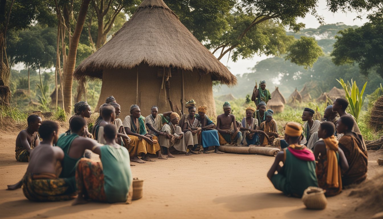 A group of indigenous African villagers gather around a central meeting area, surrounded by traditional huts and lush vegetation