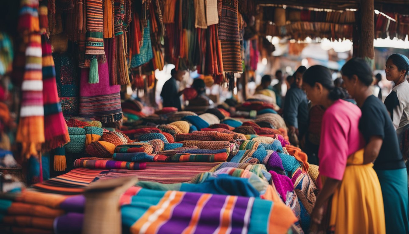 A vibrant marketplace in an Indigenous community in the Americas, with colorful textiles, handmade crafts, and bustling activity