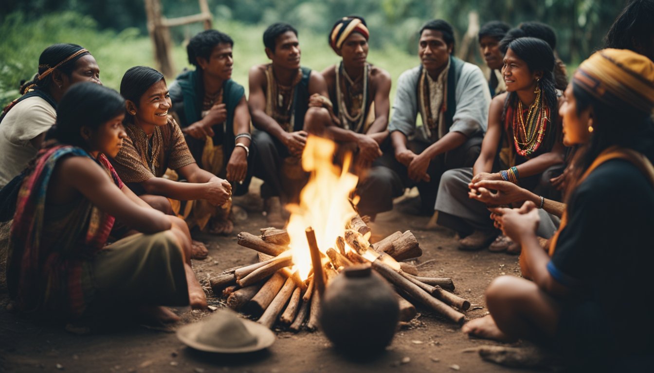 A group of Indigenous people from different continents gather around a symbolic fire, sharing traditional knowledge and exchanging ideas for sustainable development