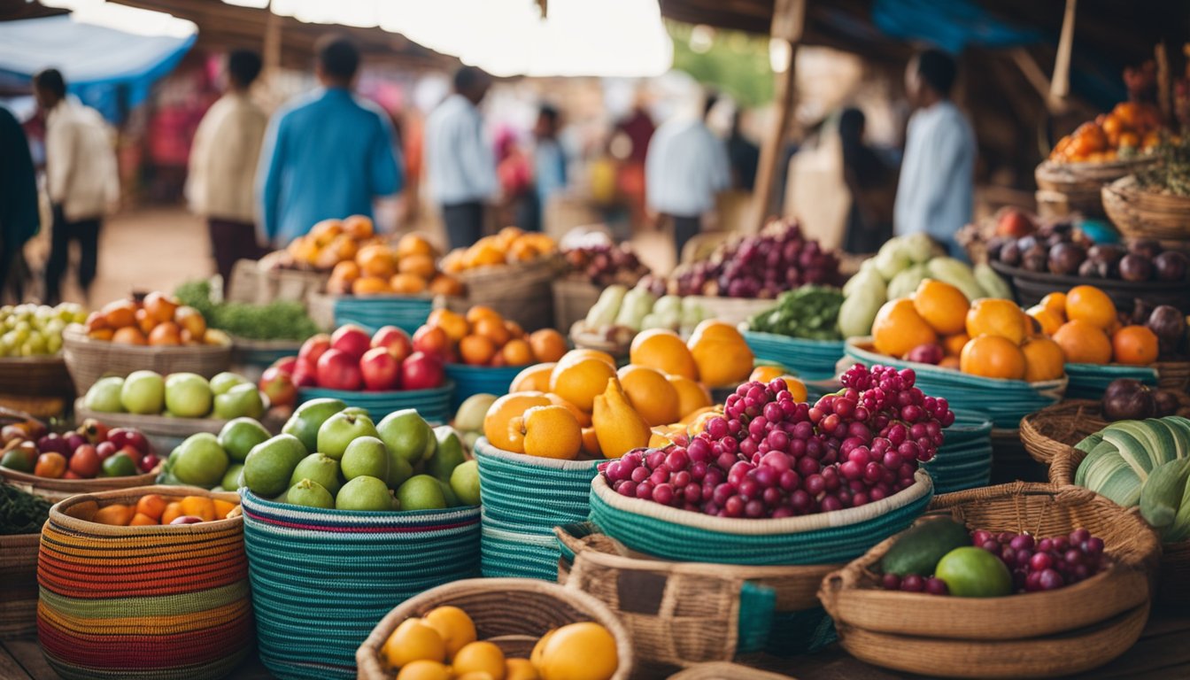 A vibrant marketplace in a rural Indigenous community, with colorful textiles, handcrafted pottery, and fresh produce on display