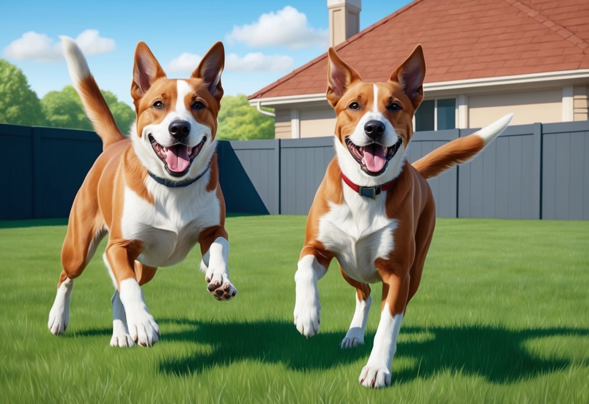 Two dogs playing together in a spacious backyard, showing companionship and joy