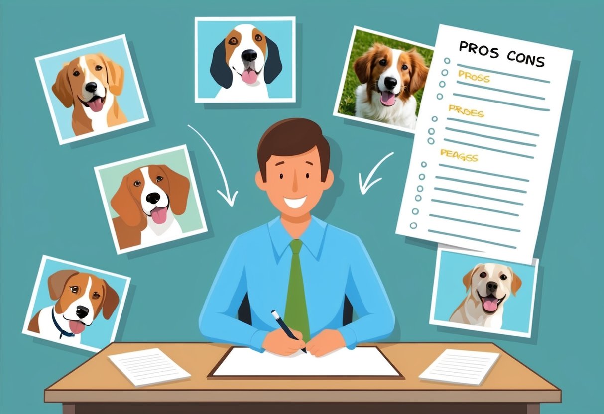 A person sitting at a table with a pen and paper, surrounded by images of dogs and a list of pros and cons