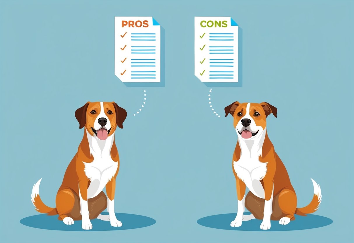 Two dogs sitting side by side, one with a wagging tail and the other looking unsure. A list of pros and cons floating above them