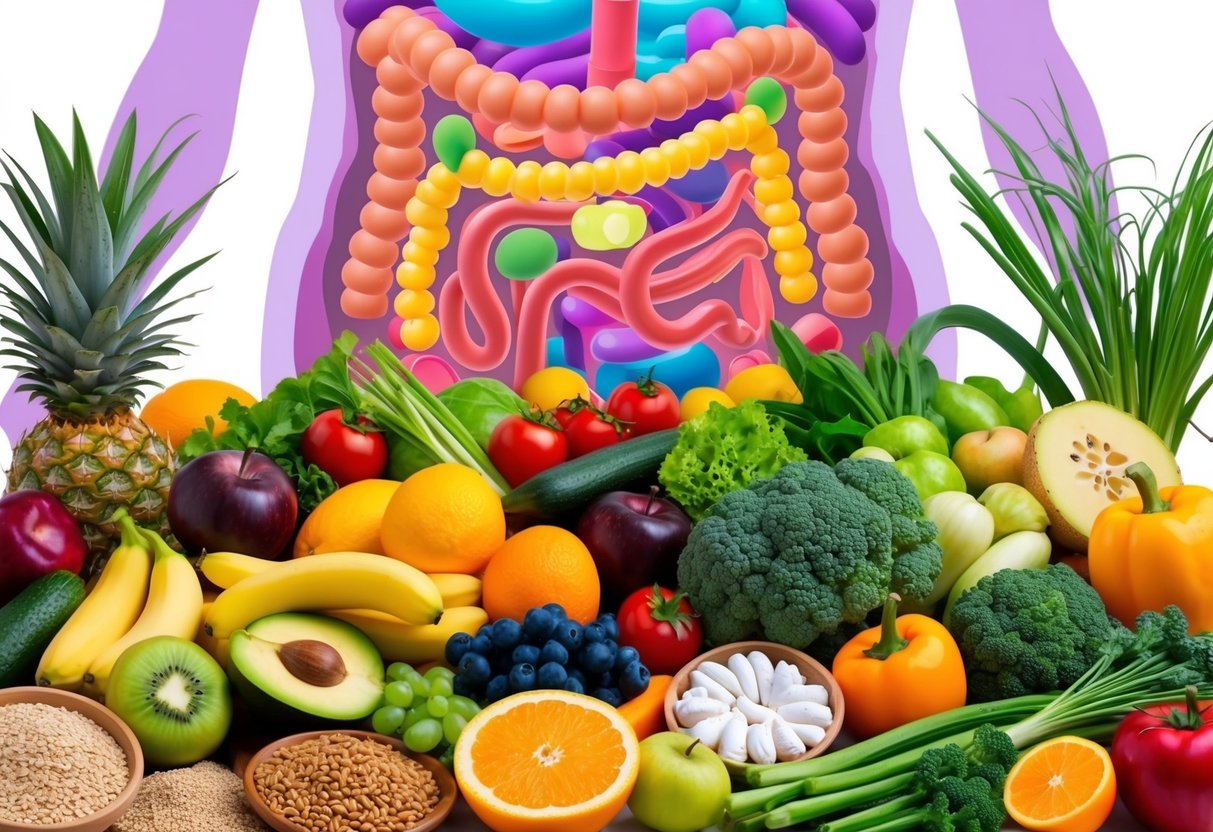 A colorful array of fresh fruits, vegetables, and whole grains, alongside probiotic-rich foods, set against a backdrop of a healthy gut microbiome