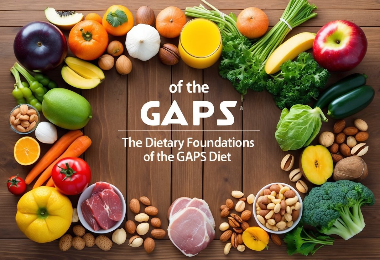 A colorful array of fruits, vegetables, nuts, and meats arranged on a wooden table, symbolizing the dietary foundations of the GAPS diet