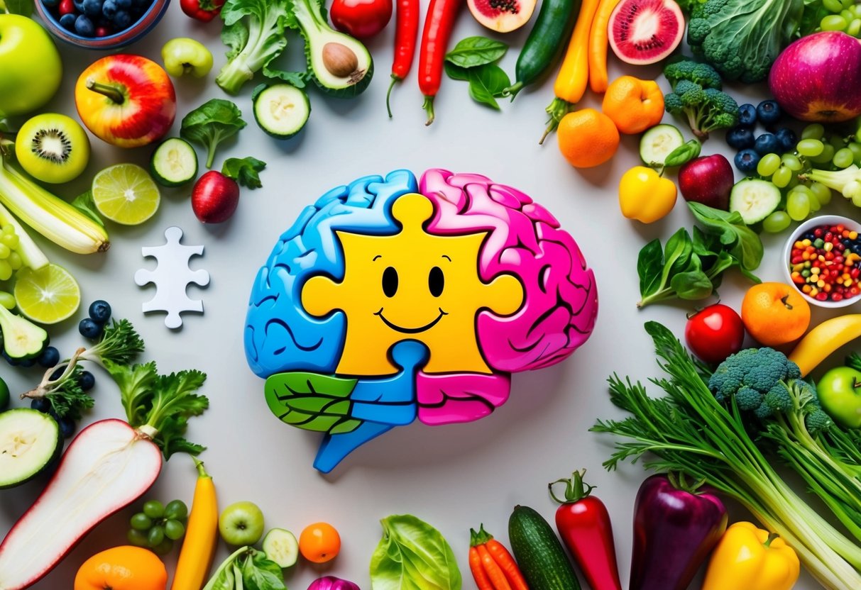 A colorful brain surrounded by various fruits, vegetables, and whole foods, with a puzzle piece and a happy face representing neurological and psychological health