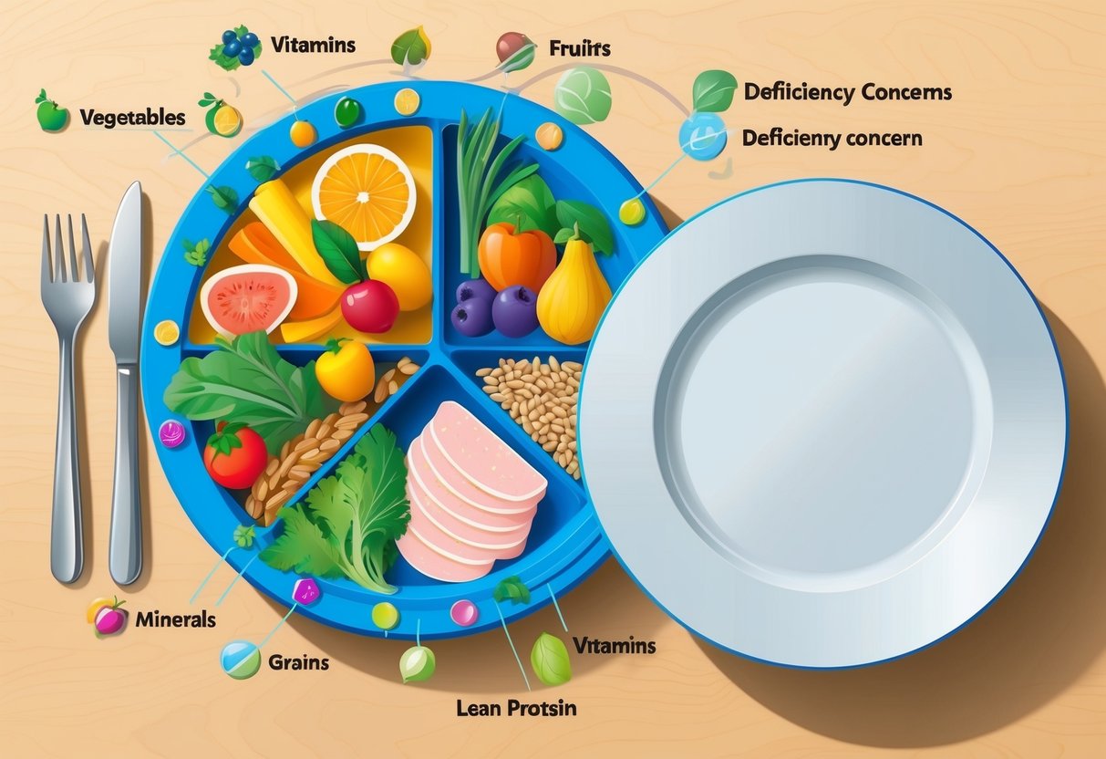 A colorful plate of fruits, vegetables, grains, and lean protein, with a variety of vitamins and minerals highlighted. An empty plate next to it symbolizes deficiency concerns