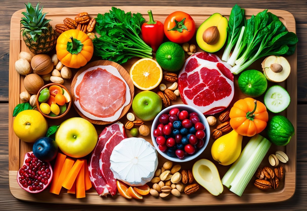 A colorful, diverse array of fruits, vegetables, meats, and nuts arranged on a wooden cutting board