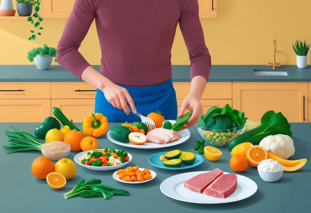 A person preparing a variety of fresh fruits, vegetables, and lean proteins while avoiding grains, dairy, and processed foods