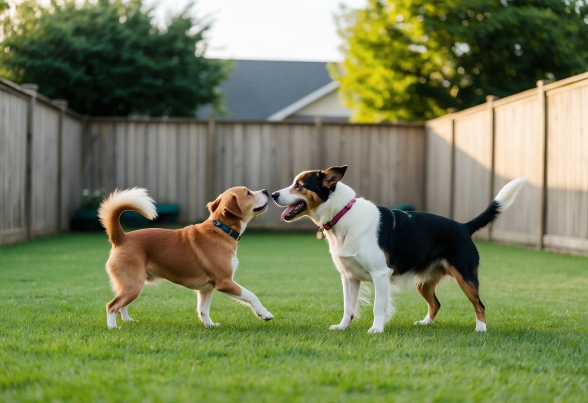 A happy dog wagging its tail while sniffing and playing with a new dog in a spacious, fenced backyard