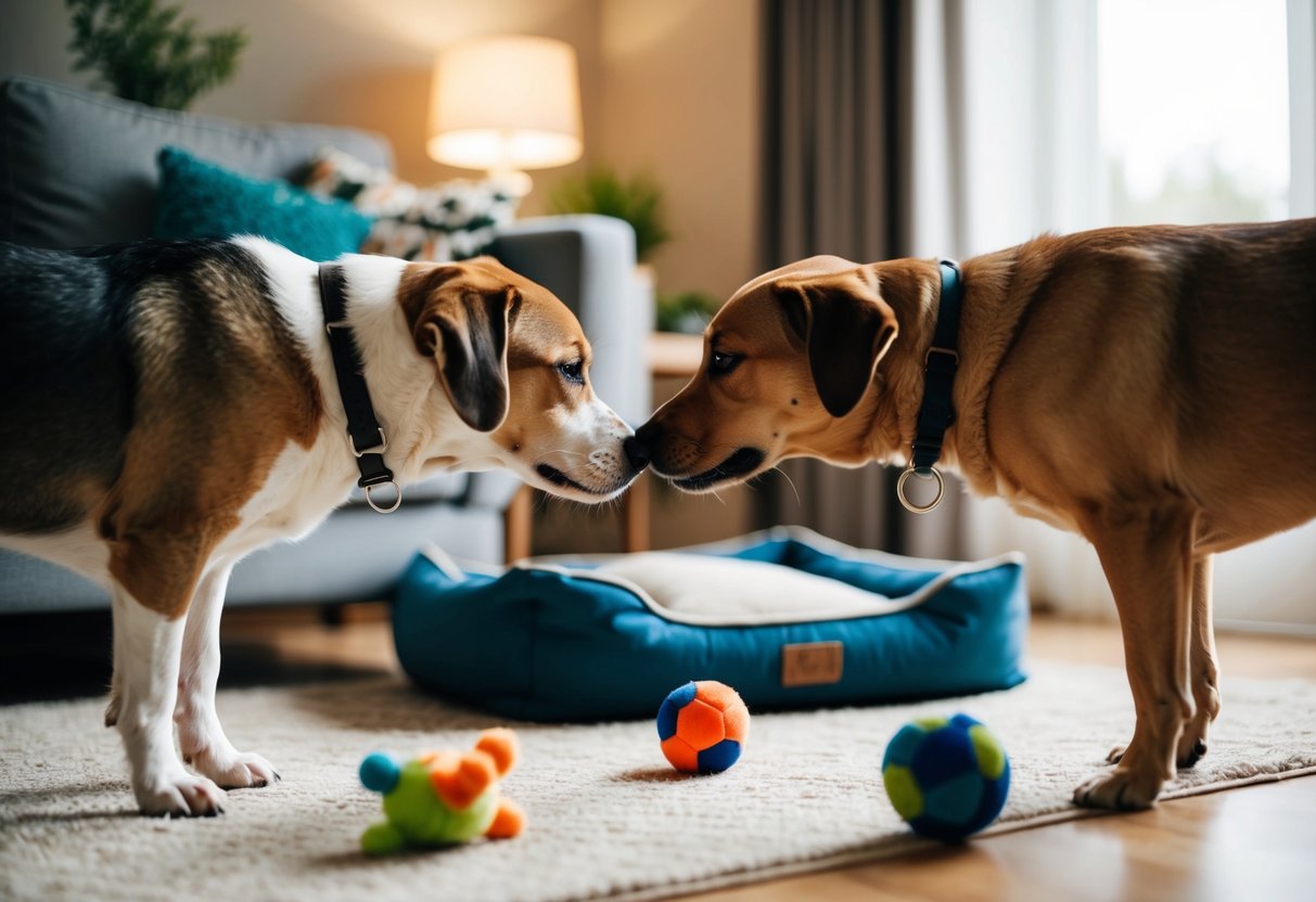 Two dogs sniffing each other's noses in a cozy living room with a dog bed and toys scattered on the floor