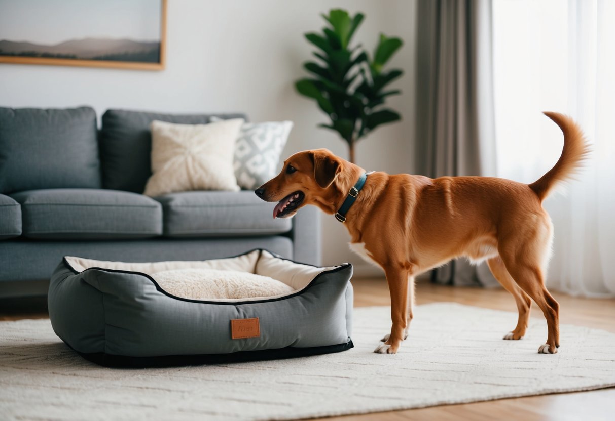 A happy dog wagging its tail while sniffing a baby blanket and a new dog bed placed in a cozy living room