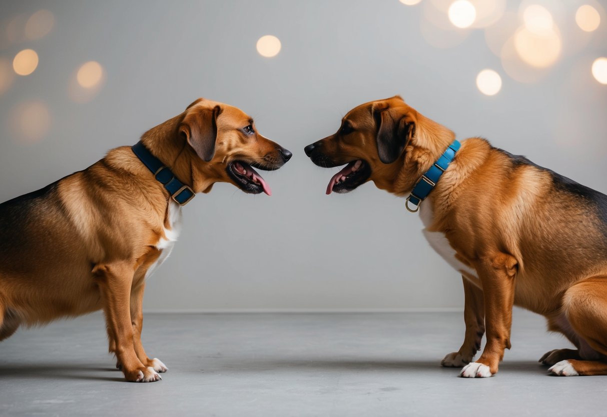 Two dogs sniffing each other cautiously in a neutral space, with relaxed body language and wagging tails