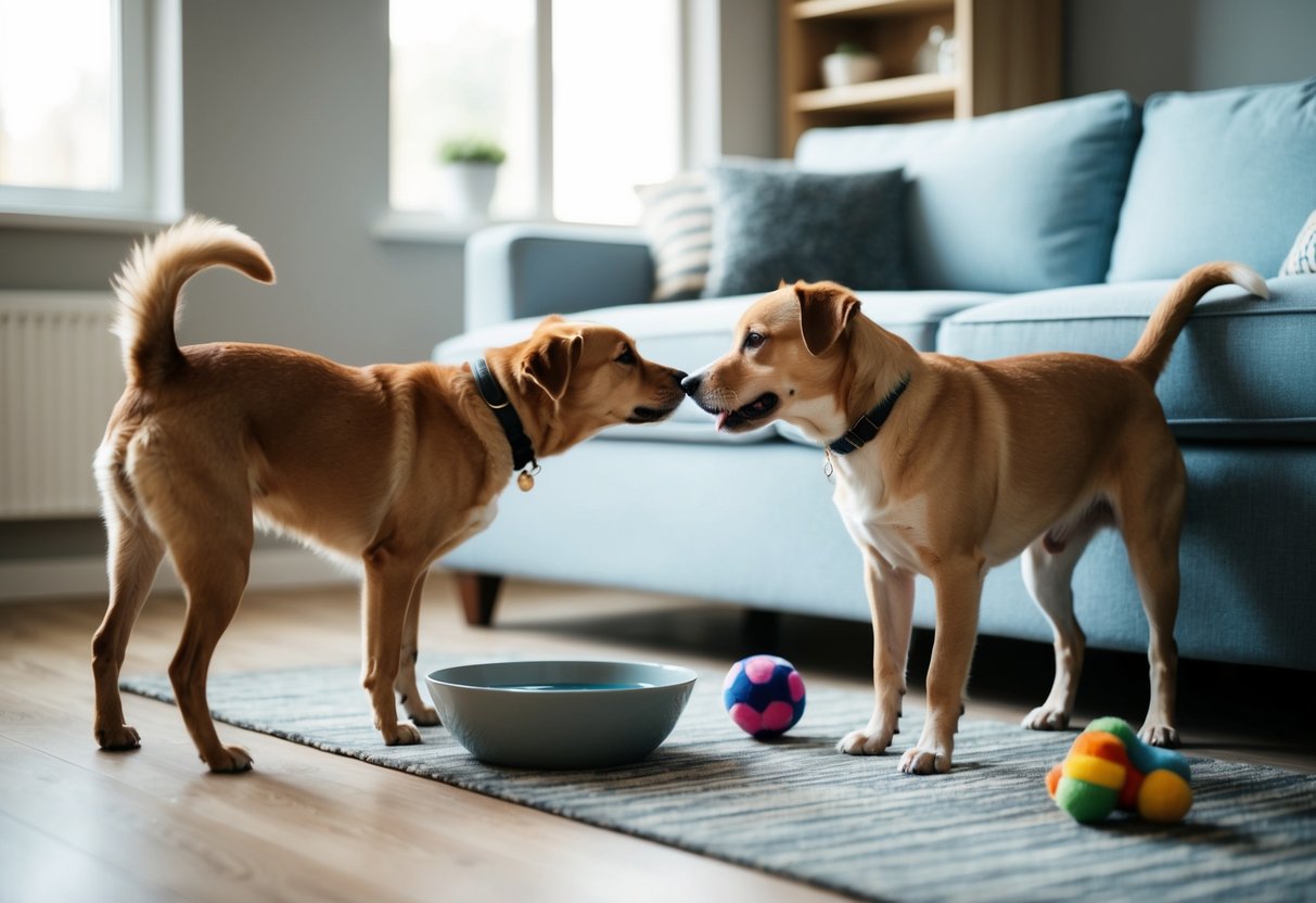 Two dogs sniffing each other cautiously in a living room, one wagging its tail while the other stands still. A bowl of water and toys are nearby