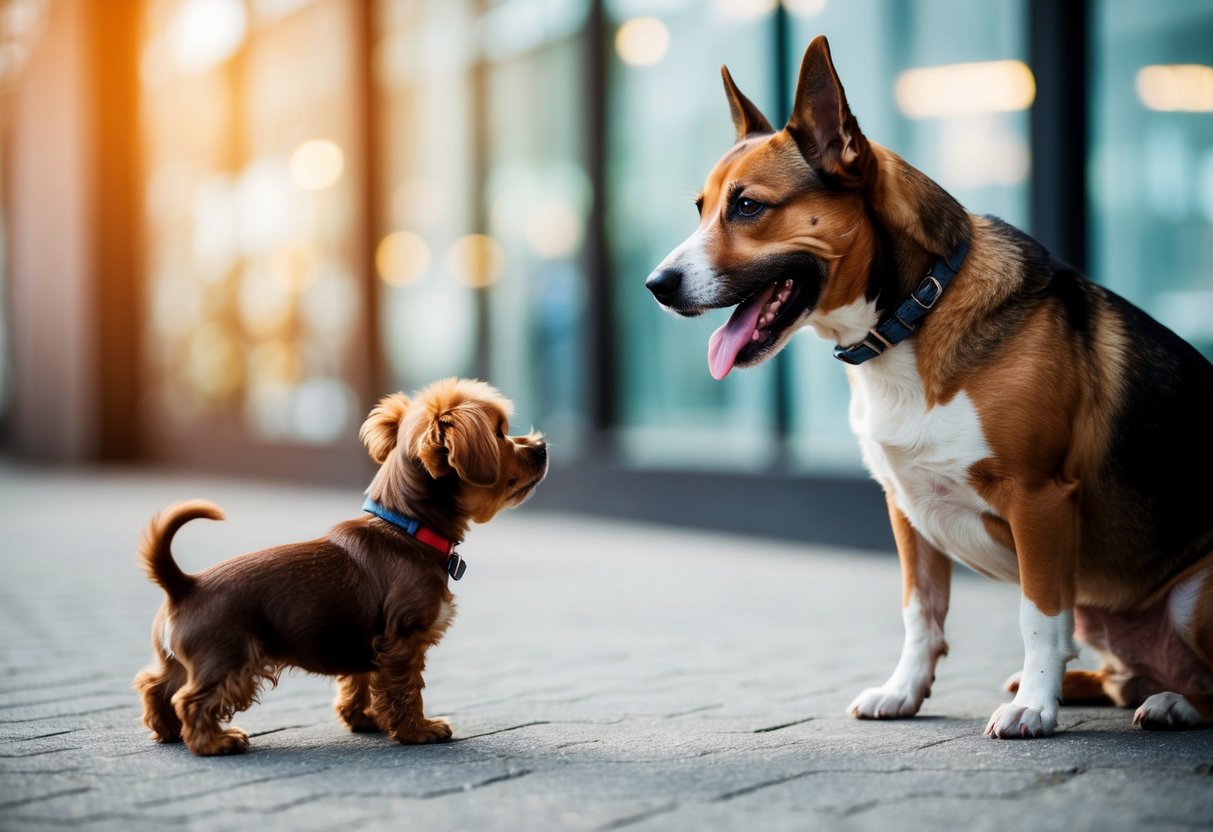 A small dog cautiously approaches a larger dog, who is sitting calmly with a wagging tail. The larger dog looks friendly and open, while the smaller dog appears hesitant but curious