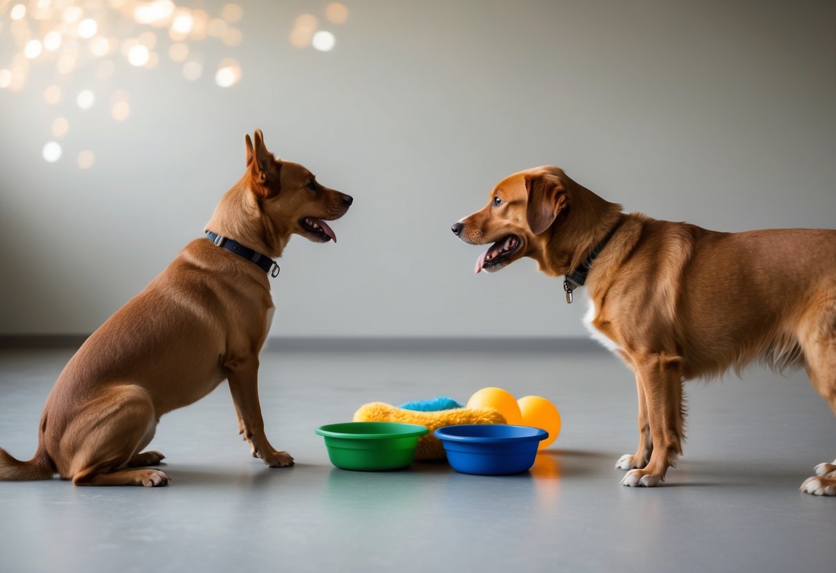 Two dogs interacting in a spacious, neutral environment with toys and water bowls. One dog approaches the other with relaxed body language, while the other dog shows curiosity and cautious interest